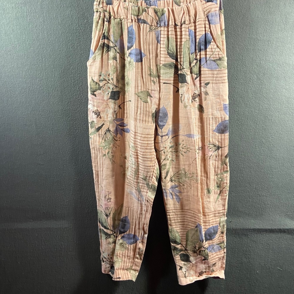 Made in Italy women Linen Floral Pants small Pink coastal vacation‎ resort beach